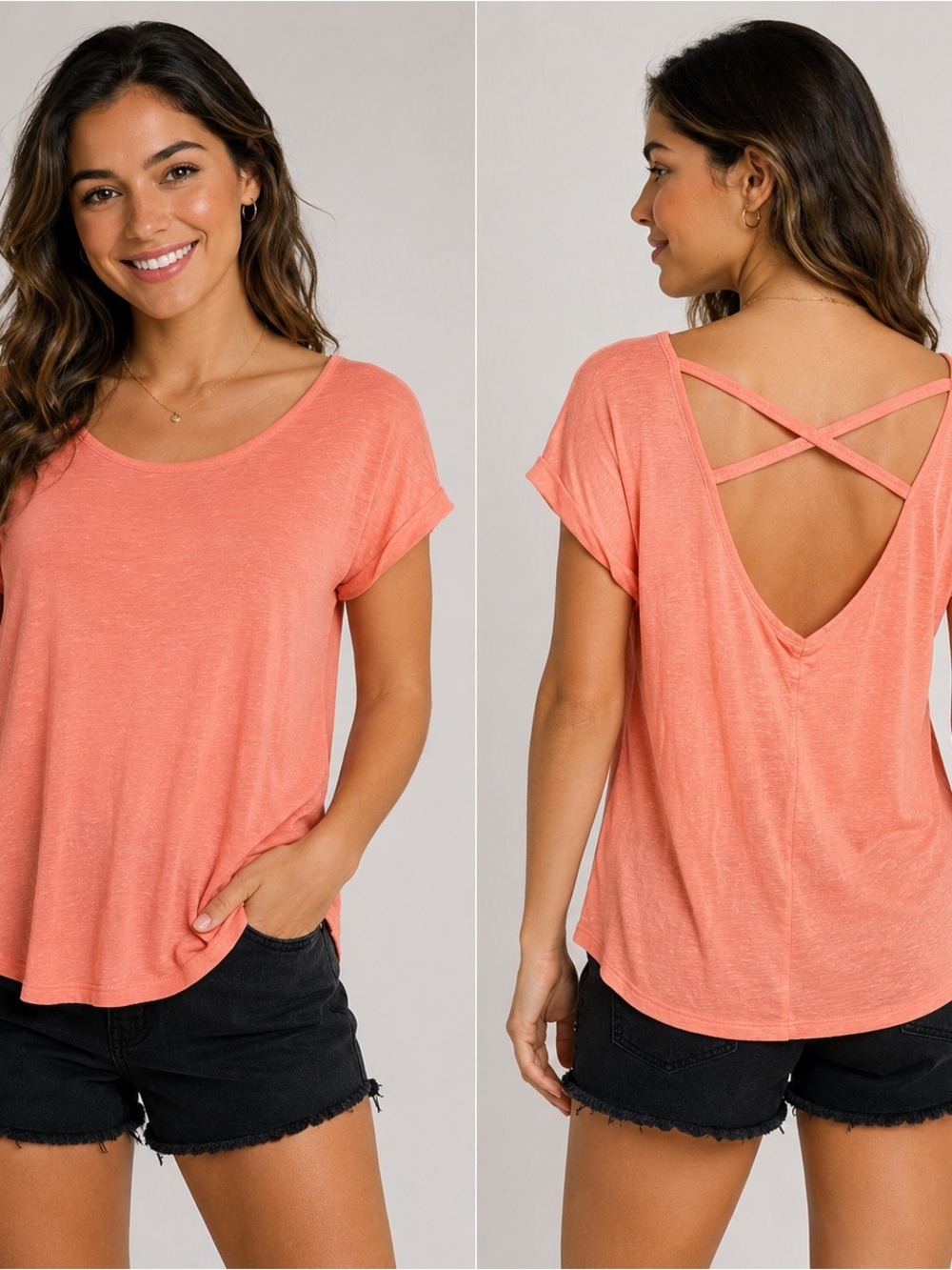 JLo Jennifer Lopez Womens Cross Back Swing T Shirt Top Gold Specked Orange Small